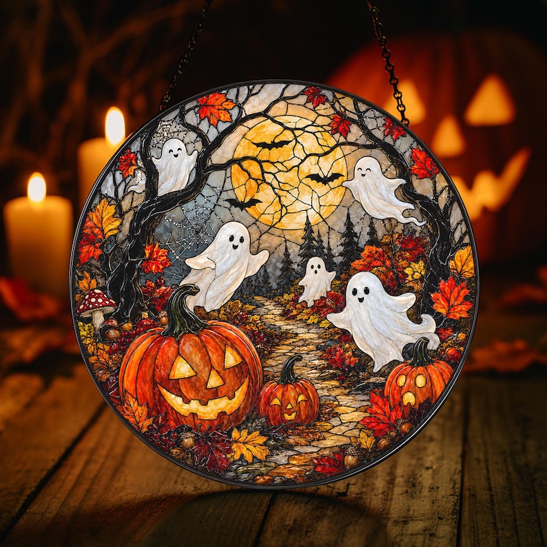 Halloween Ghost Pumpkin Stained Glass Suncatcher, Spooky Window Hanging, Autumn Fall Decor, Cute Ghost Sun Catcher
