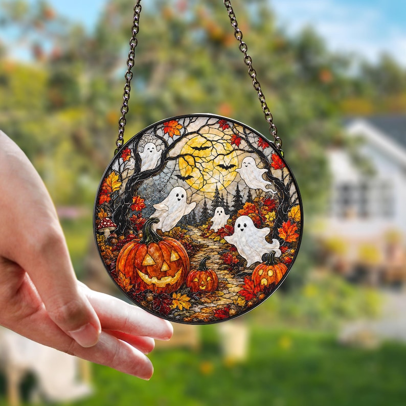 Halloween Ghost Pumpkin Stained Glass Suncatcher, Spooky Window Hanging, Autumn Fall Decor, Cute Ghost Sun Catcher