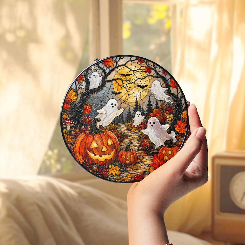 Halloween Ghost Pumpkin Stained Glass Suncatcher, Spooky Window Hanging, Autumn Fall Decor, Cute Ghost Sun Catcher