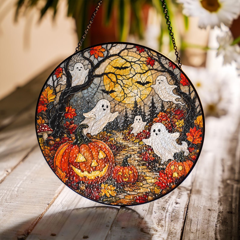 Halloween Ghost Pumpkin Stained Glass Suncatcher, Spooky Window Hanging, Autumn Fall Decor, Cute Ghost Sun Catcher