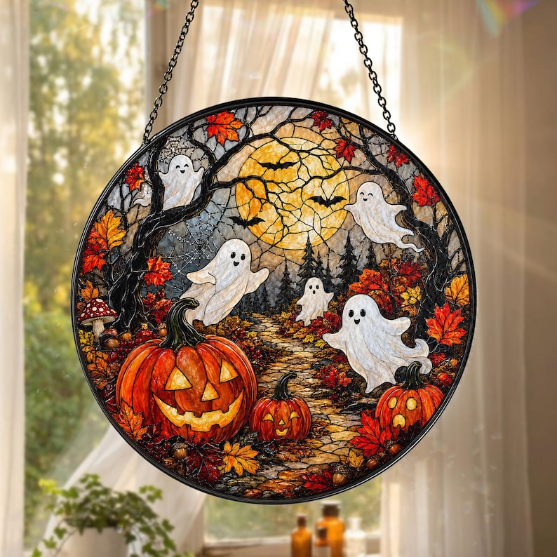 Halloween Ghost Pumpkin Stained Glass Suncatcher, Spooky Window Hanging, Autumn Fall Decor, Cute Ghost Sun Catcher