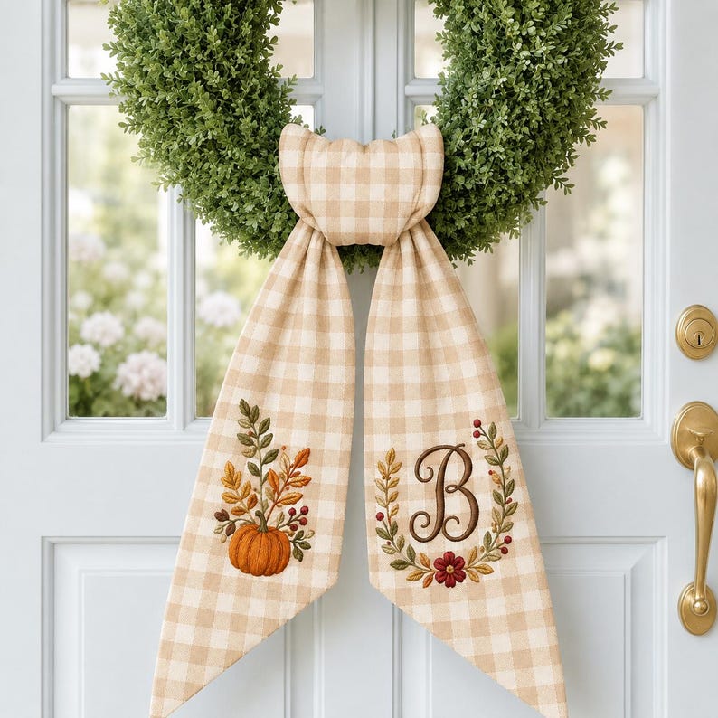 Personalized Fall Wreath Sash, Embroidered Pumpkin Door Bow With Monogram, Autumn Front Door Decor