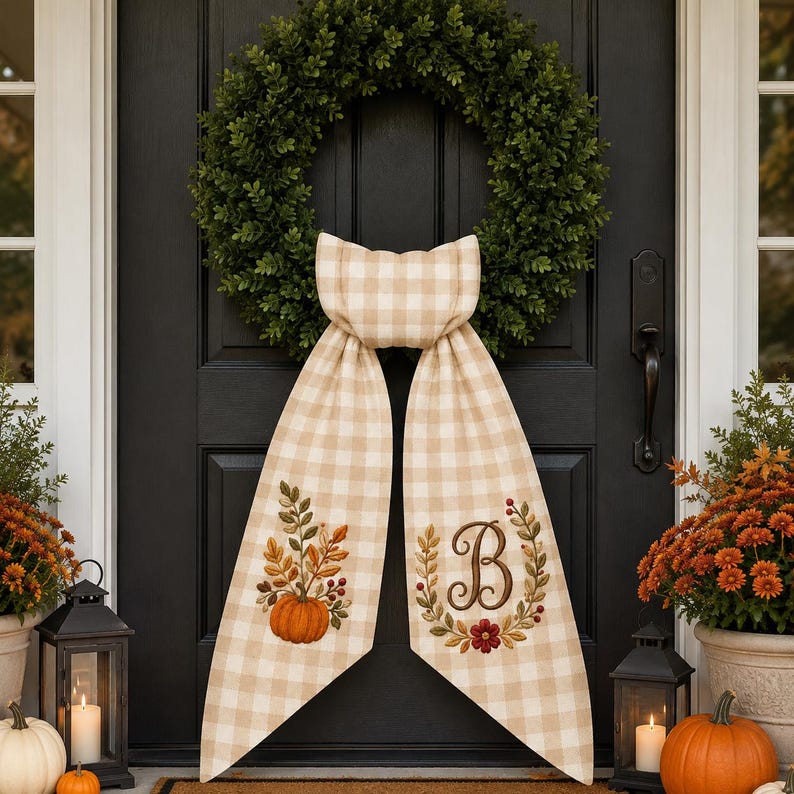 Personalized Fall Wreath Sash, Embroidered Pumpkin Door Bow With Monogram, Autumn Front Door Decor