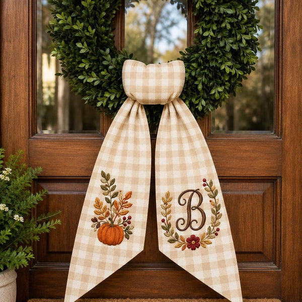 Personalized Fall Wreath Sash, Embroidered Pumpkin Door Bow With Monogram, Autumn Front Door Decor
