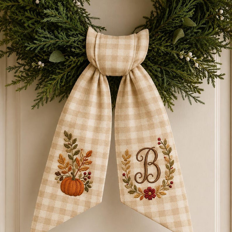 Personalized Fall Wreath Sash, Embroidered Pumpkin Door Bow With Monogram, Autumn Front Door Decor