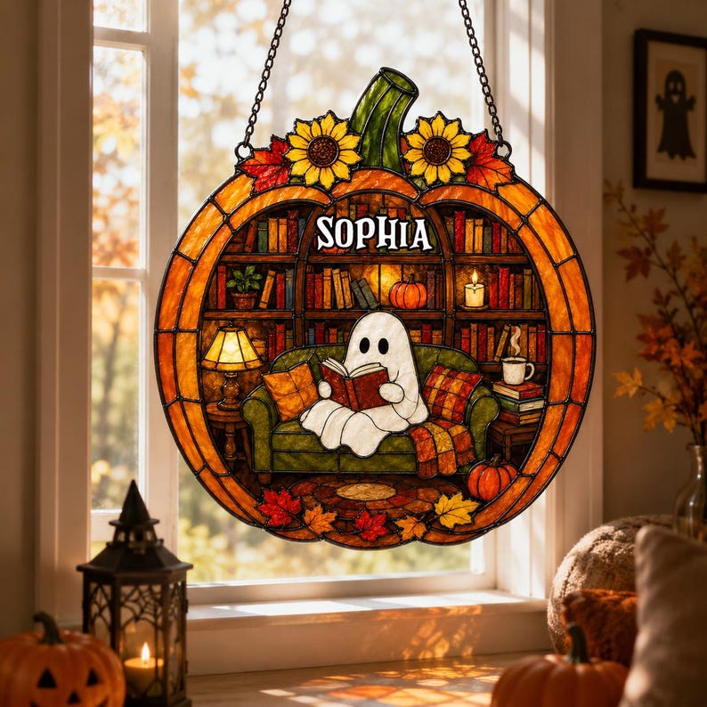Custom Name Ghost Reading Book Acrylic Suncatcher, Pumpkin Suncatcher, Halloween Window Hanging, Book Lover Gift