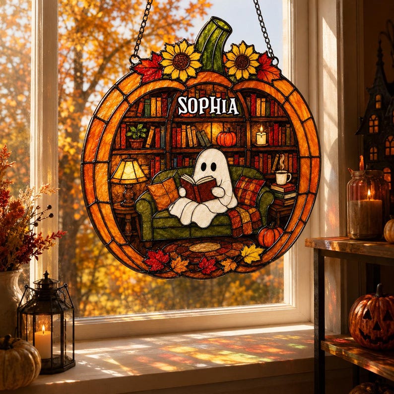 Custom Name Ghost Reading Book Acrylic Suncatcher, Pumpkin Suncatcher, Halloween Window Hanging, Book Lover Gift