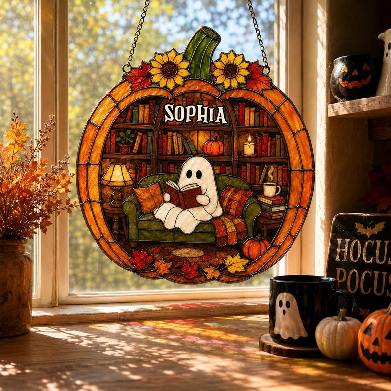 Custom Name Ghost Reading Book Acrylic Suncatcher, Pumpkin Suncatcher, Halloween Window Hanging, Book Lover Gift