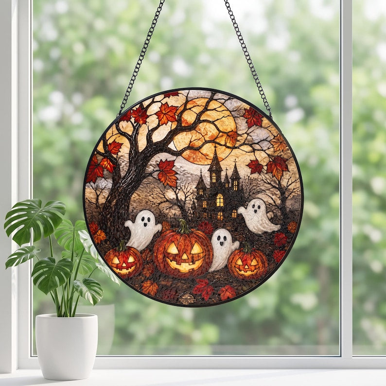 Halloween Ghost Pumpkin Stained Glass Suncatcher Cozy Cottage Halloween Window Hanging Autumn Window Art