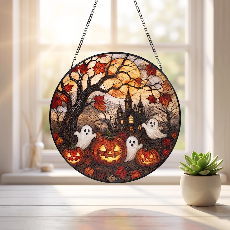 Halloween Ghost Pumpkin Stained Glass Suncatcher Cozy Cottage Halloween Window Hanging Autumn Window Art