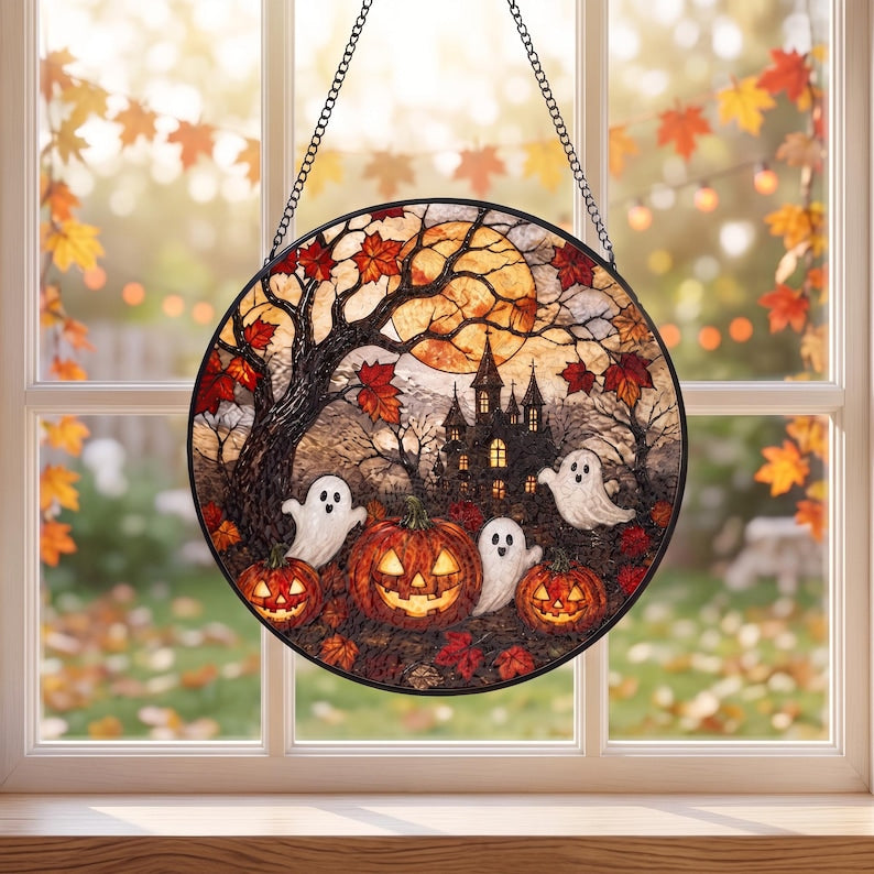 Halloween Ghost Pumpkin Stained Glass Suncatcher Cozy Cottage Halloween Window Hanging Autumn Window Art