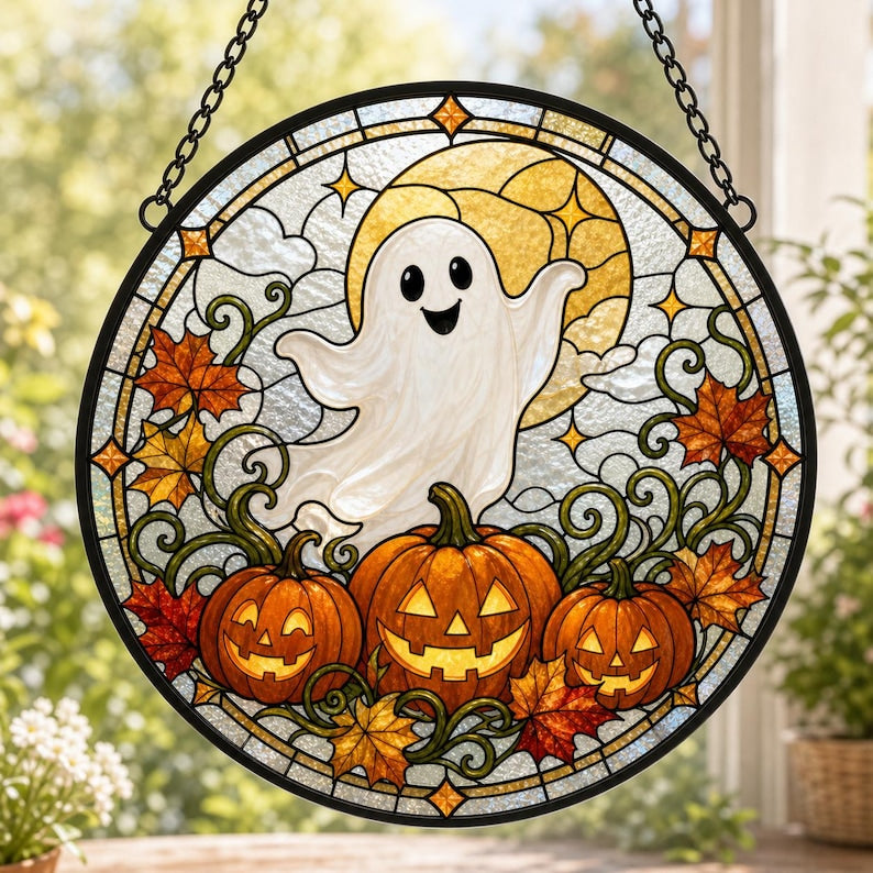 Friendly Ghost Pumpkin Lantern Halloween Ghost Pumpkin Round Stained Glass Suncatcher, Window Hanging Decor