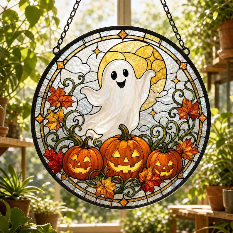 Friendly Ghost Pumpkin Lantern Halloween Ghost Pumpkin Round Stained Glass Suncatcher, Window Hanging Decor