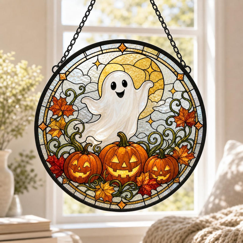 Friendly Ghost Pumpkin Lantern Halloween Ghost Pumpkin Round Stained Glass Suncatcher, Window Hanging Decor