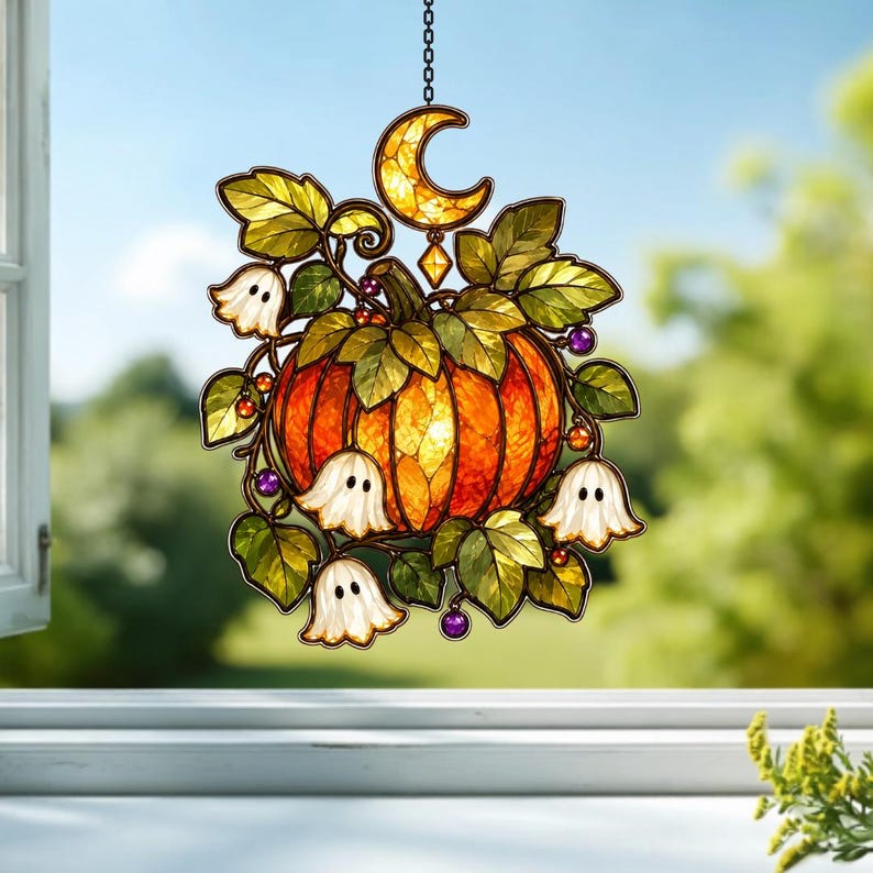 Personalized Halloween Pumpkin & Lily Ghost Faux Stained Glass Suncatcher, Custom Name Acrylic Window Hanging
