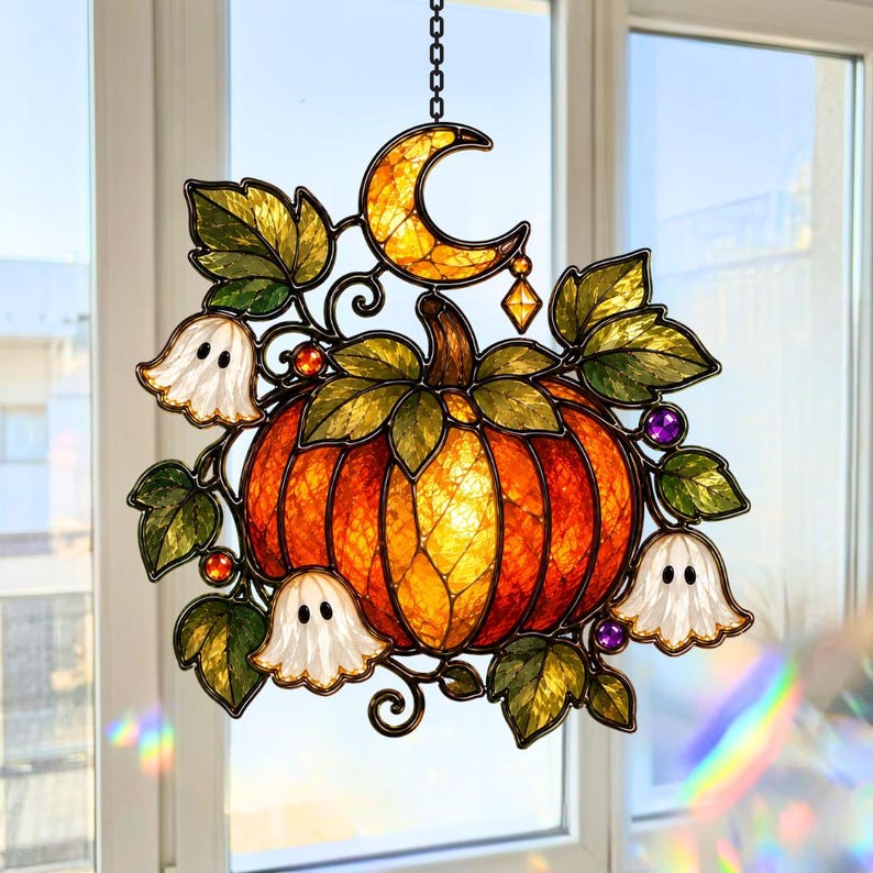 Personalized Halloween Pumpkin & Lily Ghost Faux Stained Glass Suncatcher, Custom Name Acrylic Window Hanging