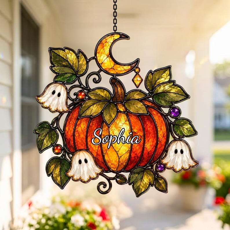 Personalized Halloween Pumpkin & Lily Ghost Faux Stained Glass Suncatcher, Custom Name Acrylic Window Hanging