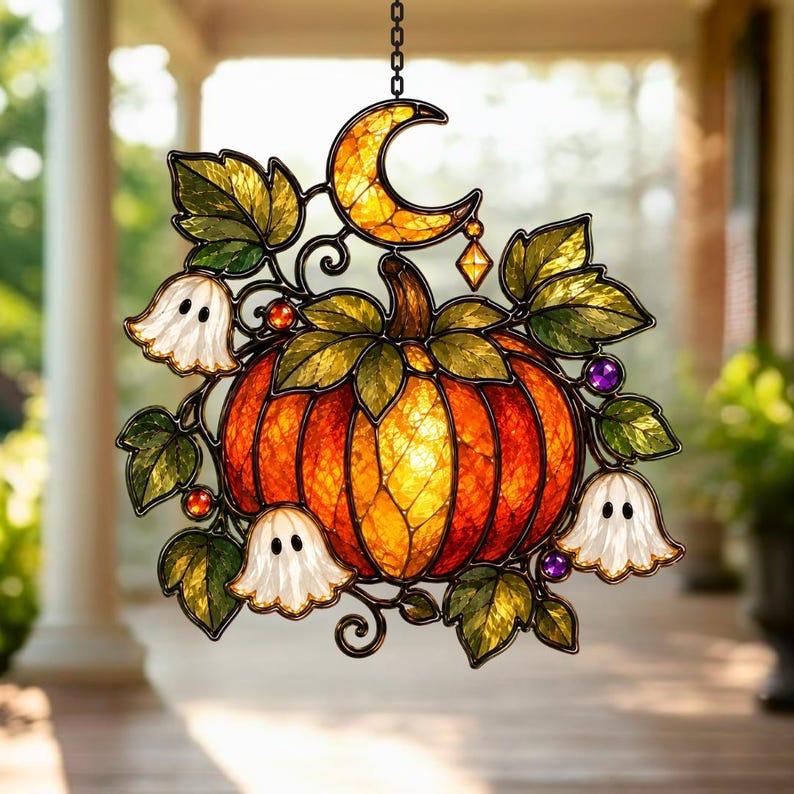 Personalized Halloween Pumpkin & Lily Ghost Faux Stained Glass Suncatcher, Custom Name Acrylic Window Hanging