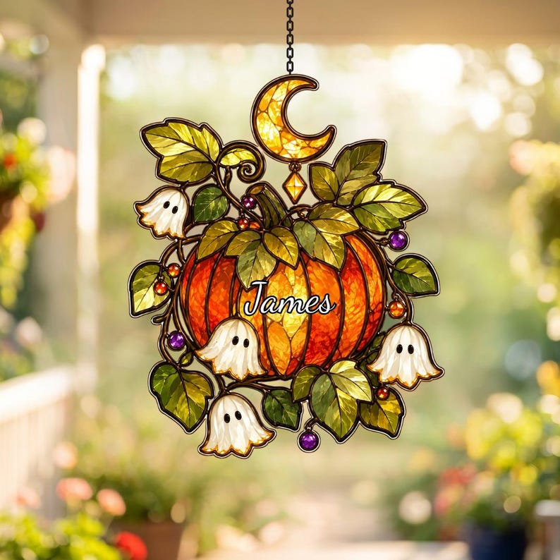 Personalized Halloween Pumpkin & Lily Ghost Faux Stained Glass Suncatcher, Custom Name Acrylic Window Hanging