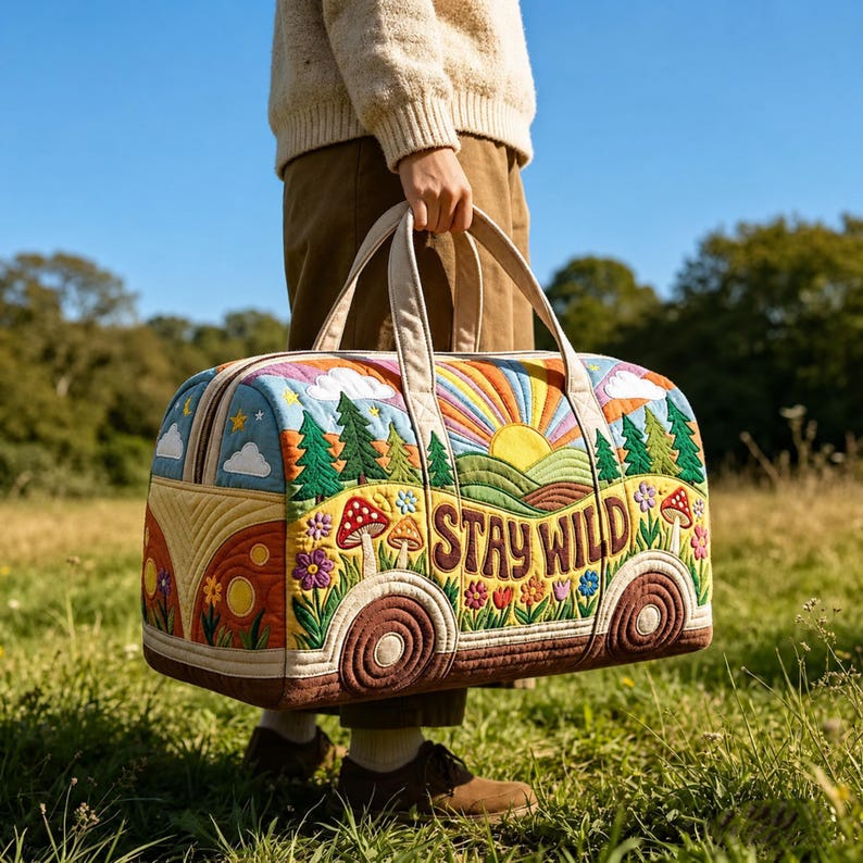 Custom Quilted Duffel Bag, Hippie Camper Van, Rainbow Floral Weekender, Boho Road Trip