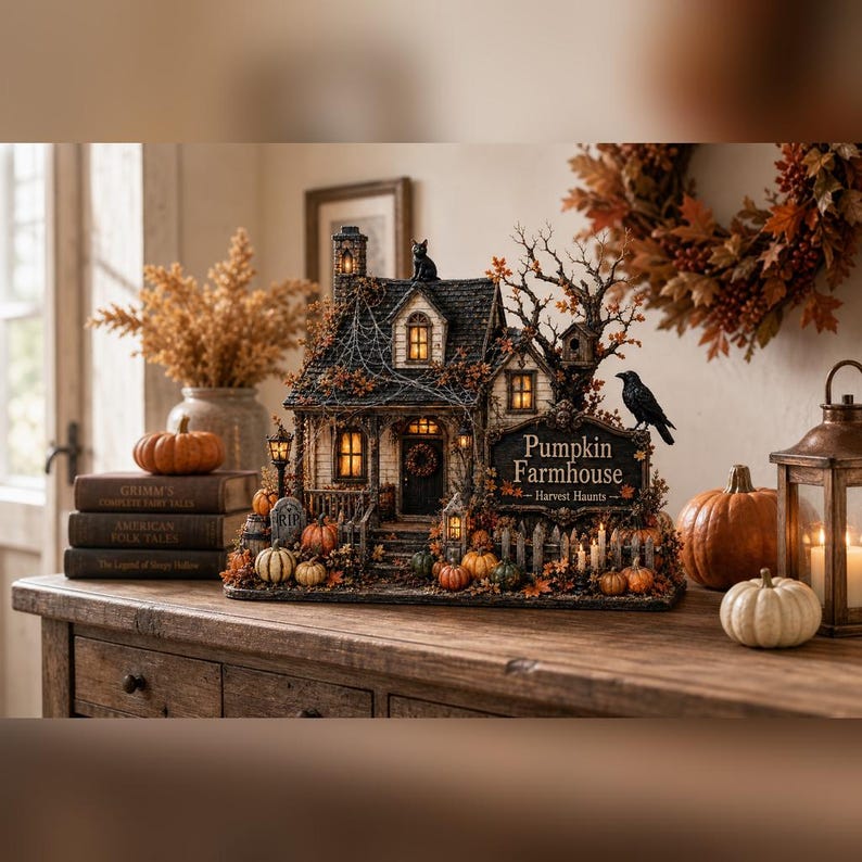 Pumpkin Farmhouse Wooden Block, Haunted Fall Cottage Decor, Spooky Halloween Shelf Sign, Rustic Harvest Home