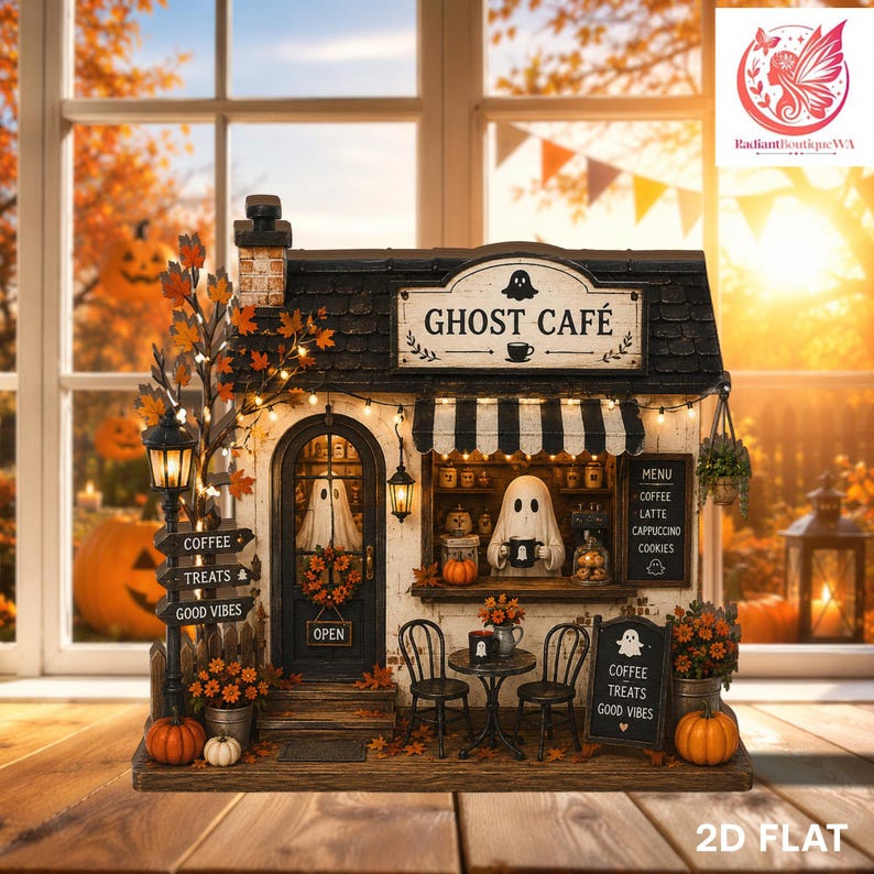 Ghost Cafe Decor, Spooky Coffee House Display, Autumn Shelf Decor