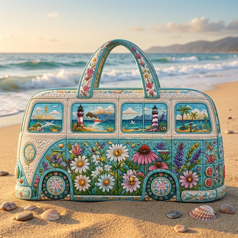 Coastal Floral Quilted Weekend Bag, Beach Travel Duffel, Lighthouse Wildflower Overnight Tote, Ocean Vacation Carry On Gift