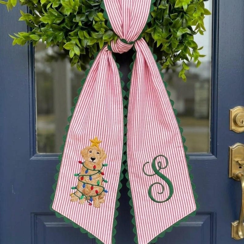 Personalized Christmas Dog Wreath Sash, Embroidered Monogram Sash, Festive Mailbox Decor
