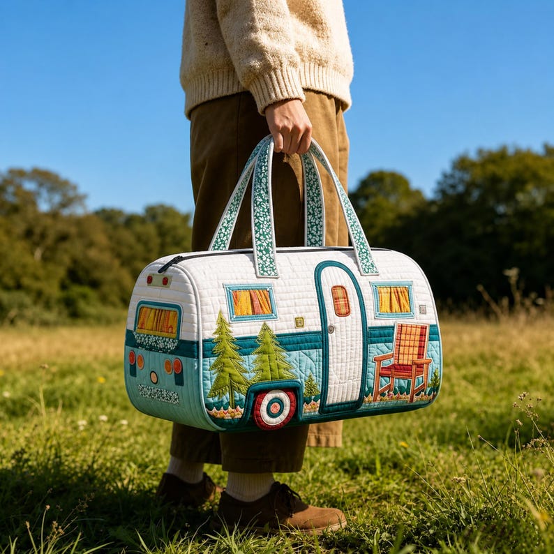 Personalized Quilted Camper Van Weekender Bag, Boho Road Trip Duffel, Forest Camping Travel Carry-On
