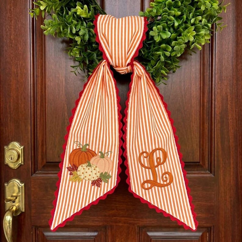 Personalized Fall Housewarming Gift, Autumn Pumpkin Embroidered Wreath Bow, Harvest Season Door Decor