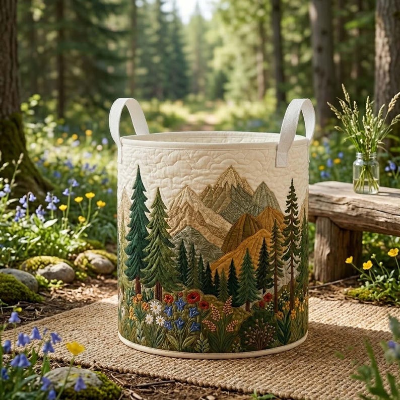 Woodland Forest Quilted Laundry Basket, Nature Landscape Hamper, Forest Theme Gift