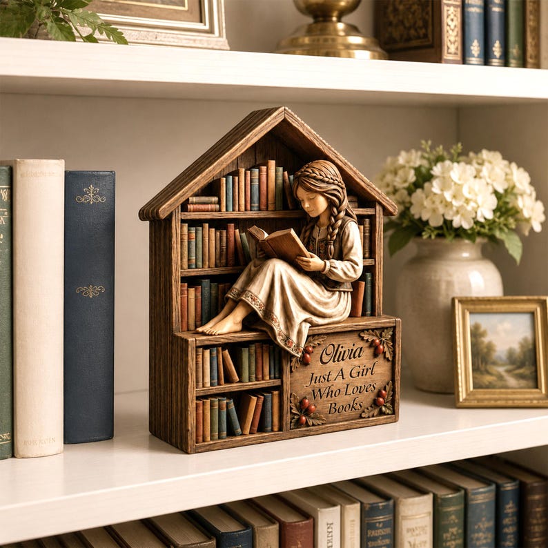 Personalized Girl Who Loves Books Wooden Figurine Decor, Just a Girl Who Loves Books Hanging Shelf Statue