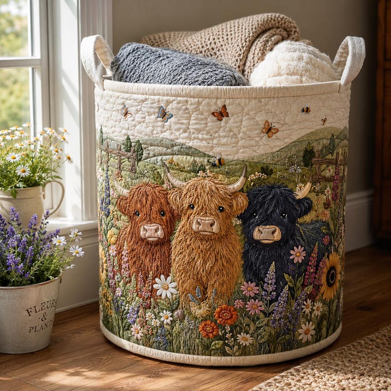 Highland Cow Quilted Laundry Hamper, Farmhouse Wildflower Storage Bin