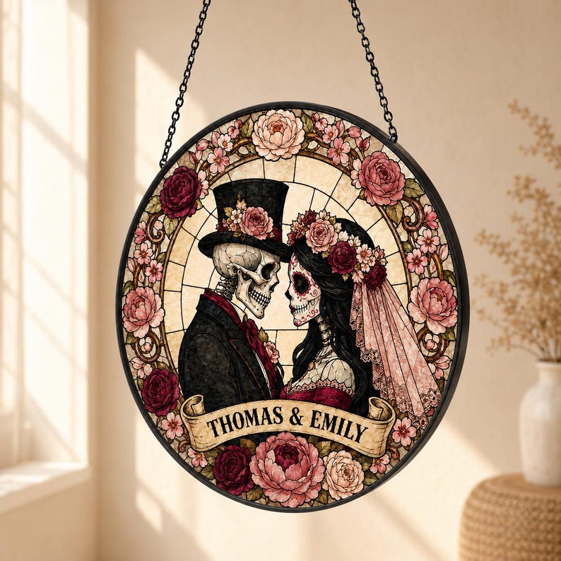Custom Skeleton Couple Stained Glass Suncatcher, Gothic Wedding Decor, Spooky Anniversary Gift