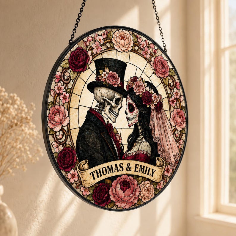 Custom Skeleton Couple Stained Glass Suncatcher, Gothic Wedding Decor, Spooky Anniversary Gift