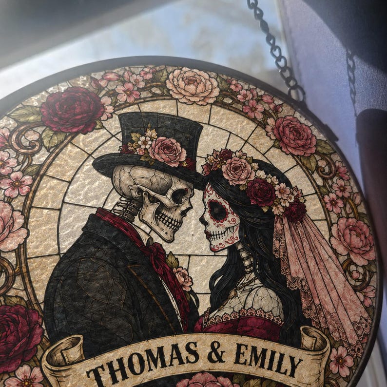 Custom Skeleton Couple Stained Glass Suncatcher, Gothic Wedding Decor, Spooky Anniversary Gift