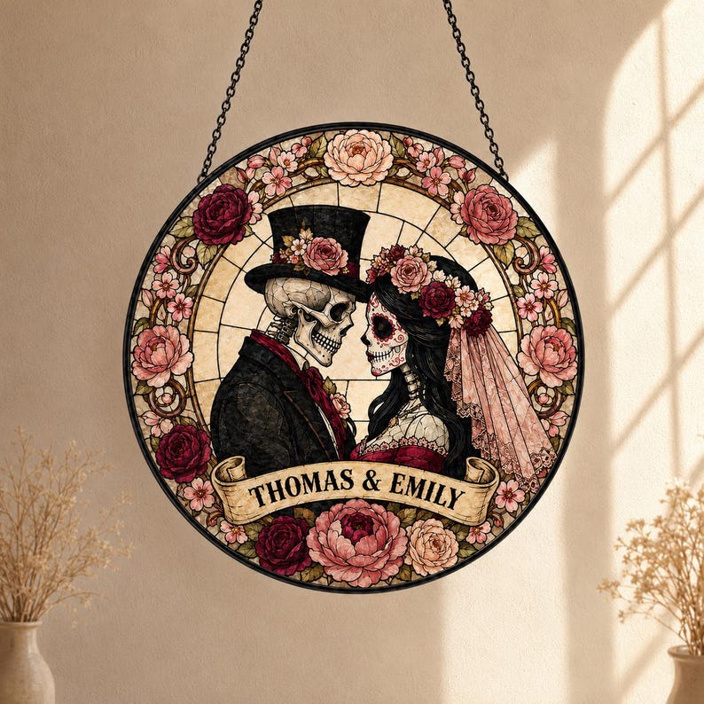 Custom Skeleton Couple Stained Glass Suncatcher, Gothic Wedding Decor, Spooky Anniversary Gift