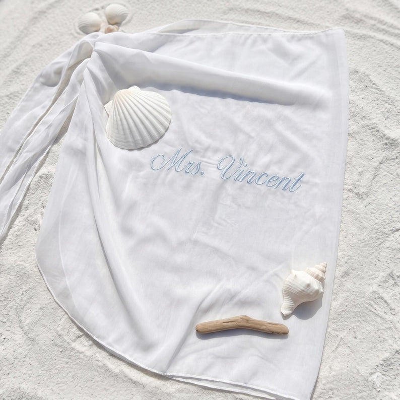 Personalized Embroidered Bride Beach Wrap, Bachelorette Party Swim Coverup, Custom Text Sarong Skirt for Bride