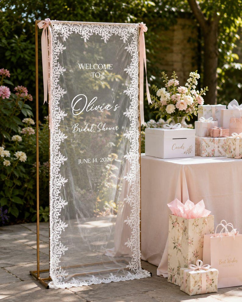 Custom Lace Bridal Shower Welcome Sign, Personalized Sheer Bride Shower Banner, Minimalist Elegant Cloth Sign