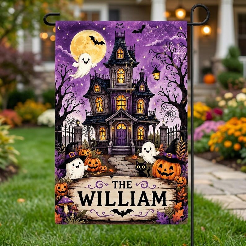 Personalized Halloween Haunted House Garden Flag, Custom Family Name Yard Flag, Halloween Porch Decor