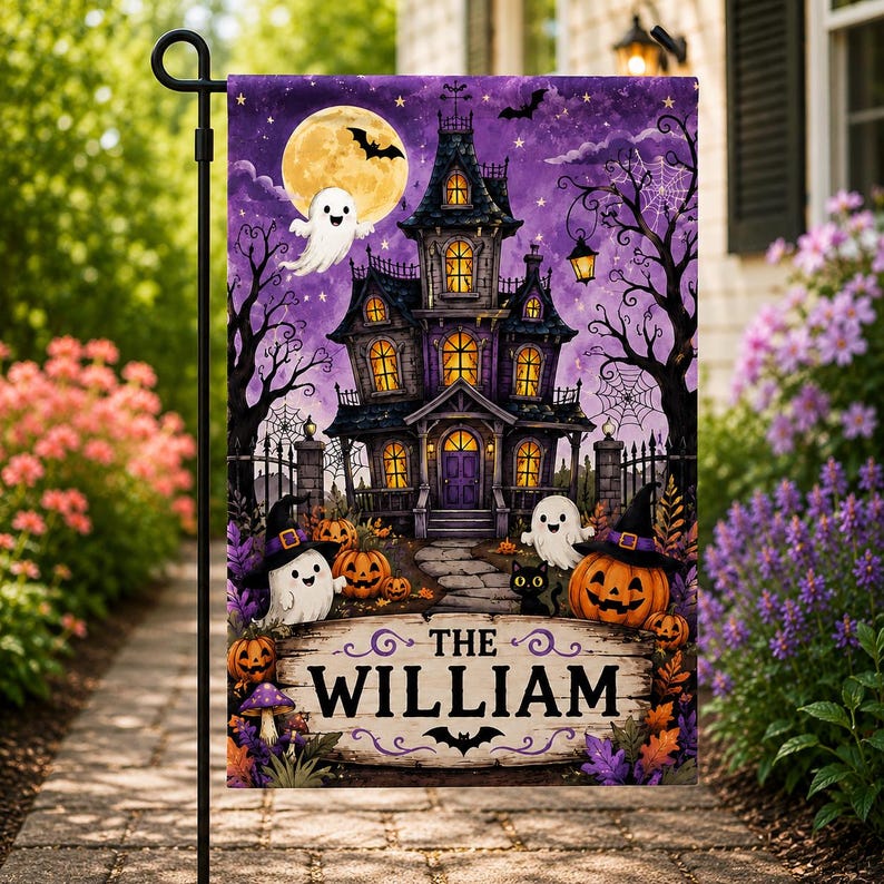 Personalized Halloween Haunted House Garden Flag, Custom Family Name Yard Flag, Halloween Porch Decor