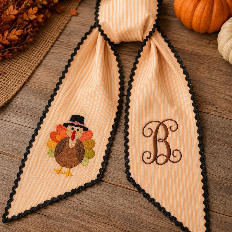 Thanksgiving Turkey Wreath Sash, Monogram Fall Door Bow, Orange Stripe Embroidered Holiday Decor