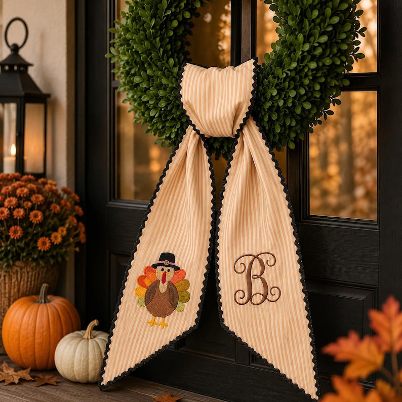 Thanksgiving Turkey Wreath Sash, Monogram Fall Door Bow, Orange Stripe Embroidered Holiday Decor