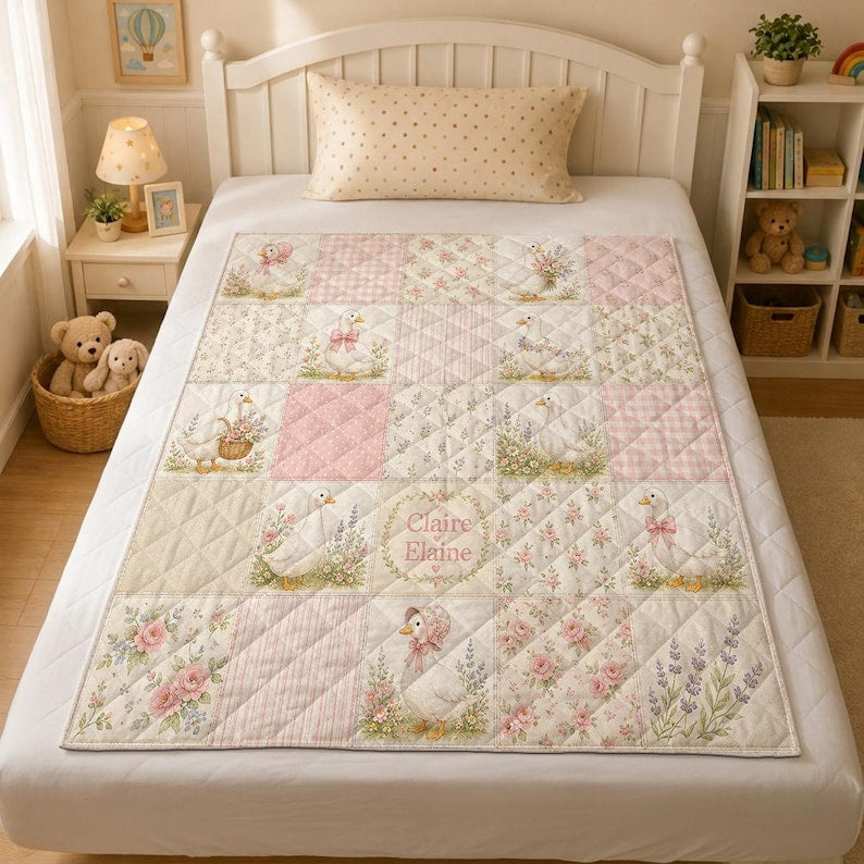 Personalized Goose Baby Quilt, Custom Floral Patchwork Nursery Blanket