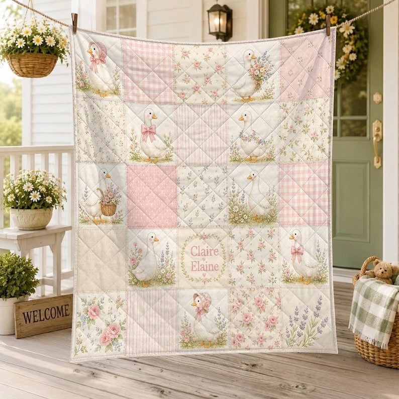 Personalized Goose Baby Quilt, Custom Floral Patchwork Nursery Blanket