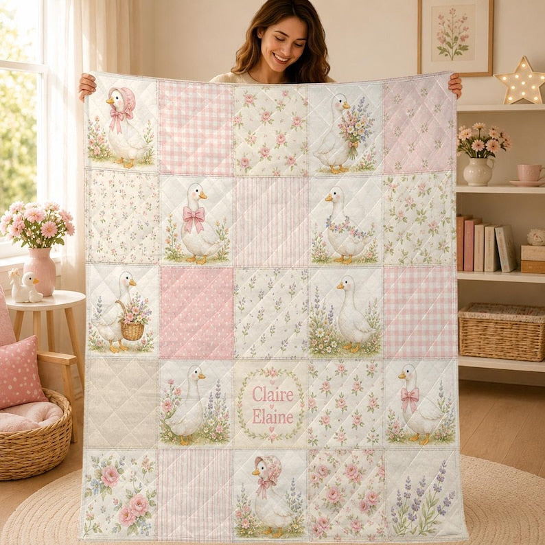 Personalized Goose Baby Quilt, Custom Floral Patchwork Nursery Blanket