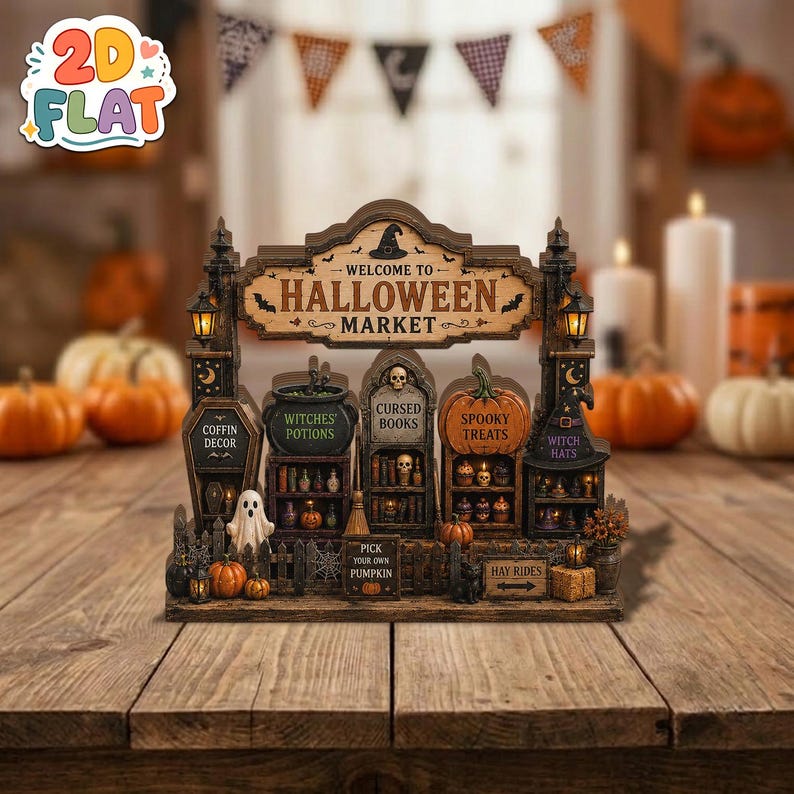 Halloween Market Shelf Sitter, Spooky Village Decor, 2D Flat Wooden Halloween Block, Tiered Tray Decor