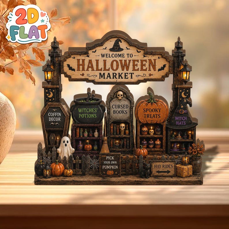 Halloween Market Shelf Sitter, Spooky Village Decor, 2D Flat Wooden Halloween Block, Tiered Tray Decor