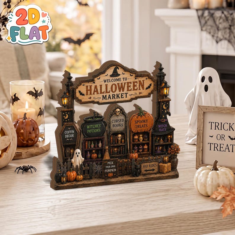 Halloween Market Shelf Sitter, Spooky Village Decor, 2D Flat Wooden Halloween Block, Tiered Tray Decor