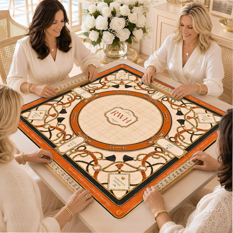 Luxe Equestrian Bridle Mahjong Mat, Orange Leather Monogram Club Game Mat, Horse Mahjong Mat